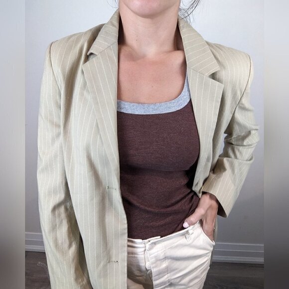 Oak and fort 🌿neutral blazer Beige size small  with stripes - Picture 7 of 8
